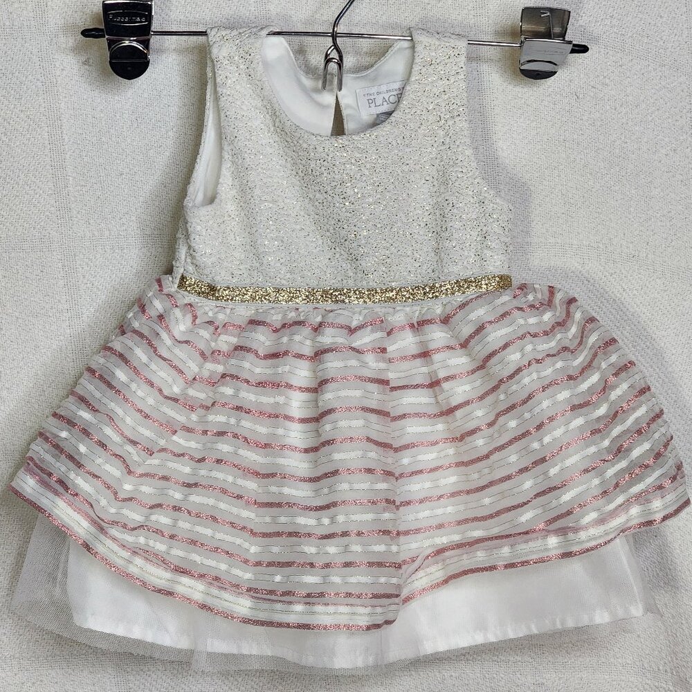 The Childrens Place White Gold Sparkle Pink Stripe Fit & Flare Lined Dress 9-12M